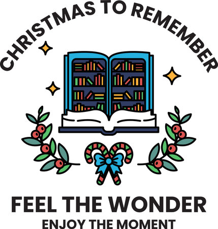 A book with a wreath and a bow on it. The book is open to a page with the words "Christmas to Remember" on itのイラスト素材