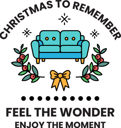 A couch is on a Christmas card that says "Christmas to Remember". The couch is surrounded by a wreath and a bow. The card encourages people to feel the wonder of the momentのイラスト素材