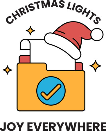 A Christmas light sign that says "Christmas Lights Joy Everywhere". The sign features a red hat and a white paperのイラスト素材