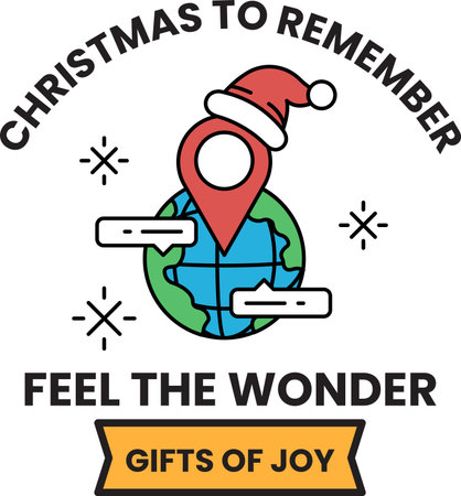 A Christmas to Remember poster with a red and white Santa hat on top of a globe. The globe is surrounded by snowflakes and stars. The poster is titled "Gifts of Joy"のイラスト素材
