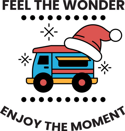 A blue and red truck with a Santa hat on top. The truck is decorated with a white background and a red and blue design. The words "feel the wonder" are written on the truckのイラスト素材