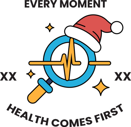 Every moment health comes first. A blue and yellow heart with a red hat on top. The hat is Santa Clausのイラスト素材