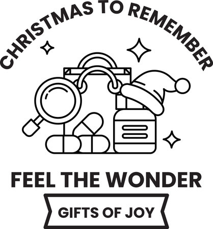A black and white Christmas to Remember poster with a white background. The poster features a santa hat and a magnifying glass. The poster is titled "Feel the Wonder" and is a gift of joyのイラスト素材