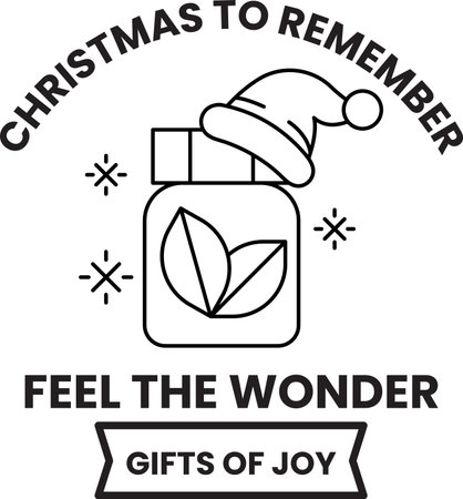 A black and white image of a jar with a green leaf on it and a santa hat on top. The image is titled "Christmas to Remember" and is meant to evoke feelings of joy and wonderのイラスト素材