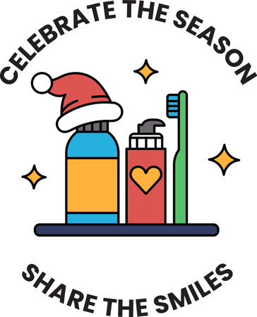 A picture of a toothbrush, toothpaste, and a Santa hat with the words "Celebrate the Season Share the Smiles"のイラスト素材