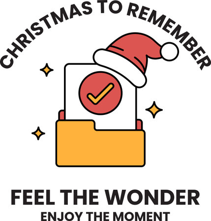 A Christmas to Remember poster with a red and white check mark on it. The poster is decorated with a red hat and a white sheet of paper. The poster is titled Feel the Wonderのイラスト素材
