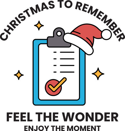 A blue clipboard with a red check mark on it and a red hat on top of it. The image is titled "Christmas to Remember" and is meant to evoke feelings of joy and wonderのイラスト素材