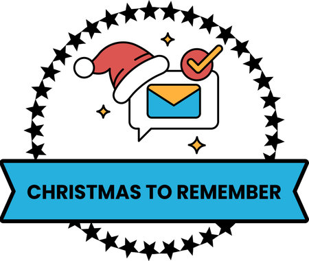 A blue ribbon with a red star and a red hat on top. The ribbon says Christmas to Rememberのイラスト素材