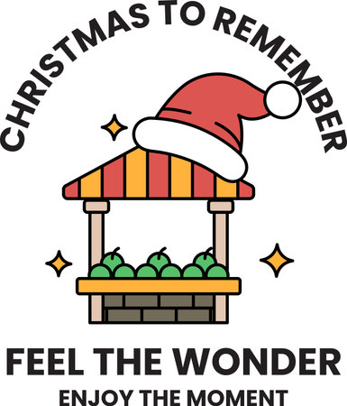 A Christmas to Remember sign with a Santa hat on it. The sign is white and red. The image is of a Christmas market with a sign that says "Feel the Wonder"のイラスト素材