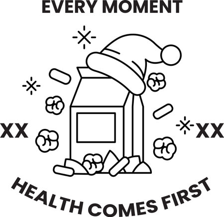 Every moment health comes first. A box of corn flakes is shown with a hat on top of itのイラスト素材