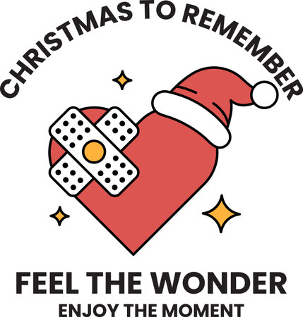 A red heart with a bandage on it and a santa hat on top. The words "Christmas to Remember" are written below the heartのイラスト素材