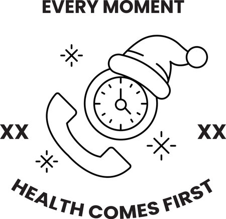 Every moment health comes first. A phone is on a clock with a hat on it. The hat is Santaのイラスト素材