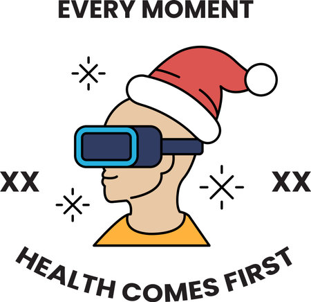 A man wearing a Santa hat and glasses is wearing a virtual reality headset. The image is titled Every moment health comes firstのイラスト素材