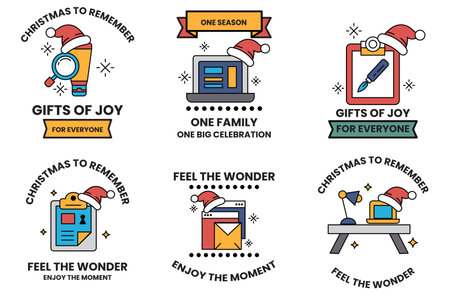 A set of Christmas themed stickers with a Santa hat on them. The stickers include a variety of themes such as gifts of joy, one family, one bid celebration, and moreのイラスト素材