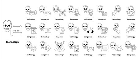 A collection of skulls and crossbones with the word technology underneath. The skulls and crossbones are in various sizes and positions, and the technology word is in a large fontのイラスト素材