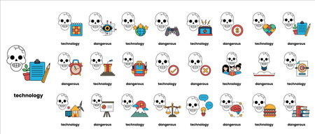 A collection of skulls and crossbones with the word technology underneath. The skulls and crossbones are scattered throughout the image, with some in the foreground and others in the backgroundのイラスト素材