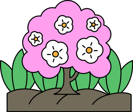 A tree with flowers on it. The tree is surrounded by grass and leaves. The flowers are yellow and whiteのイラスト素材