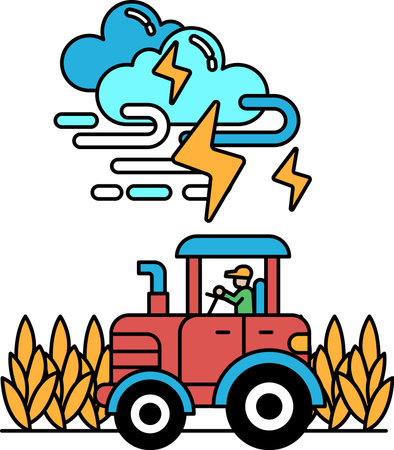 A black and white drawing of a tractor driving through a field with a storm in the background. The storm is depicted as a bolt of lightning striking the tractor. Scene is tense and dramaticのイラスト素材