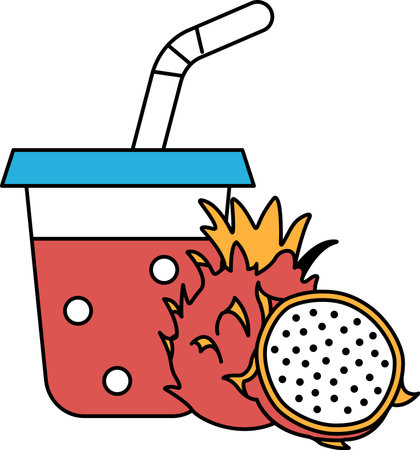 A cup of juice with a straw and a slice of pineapple on top. The juice is in a plastic cup and the pineapple is cut in halfのイラスト素材