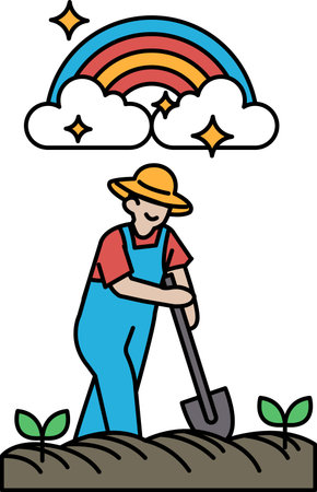 A man is digging a hole in the ground with a shovel. The sky is cloudy and there is a rainbow in the background. The man is wearing a straw hat and overallsのイラスト素材