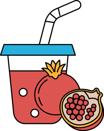 A cup of juice with a straw and a piece of fruit in it. The juice is in a plastic cup and the fruit is a pomegranateのイラスト素材
