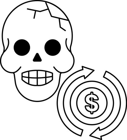 A skull with a dollar sign in the middle. The skull is smiling and the dollar sign is pointing to the rightのイラスト素材