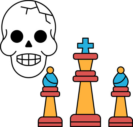 A skull is on top of a chess board with a king and a pawn. The skull is smiling and the king and pawn are looking at it. Scene is eerie and mysteriousのイラスト素材
