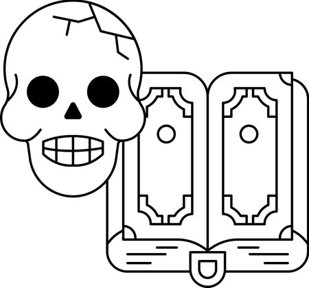 A skull is sitting on top of an open book. The skull has a smile on its face, and the book is open to a page with a dollar sign on it. Concept of mystery and intrigueのイラスト素材