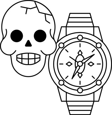 A skull and a watch are drawn together. The skull is smiling and the watch is showing the timeのイラスト素材