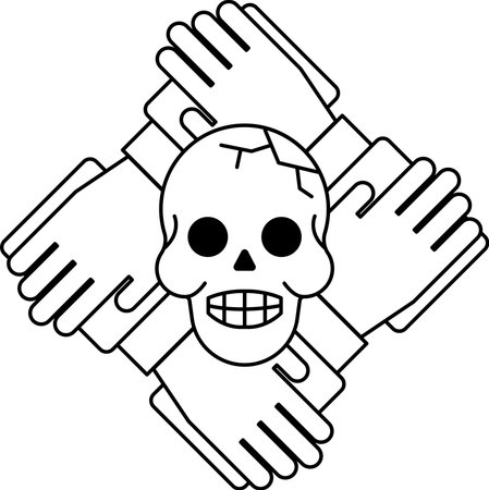 A skull is surrounded by four hands. The skull is smiling and the hands are clasped. Concept of unity and togethernessのイラスト素材