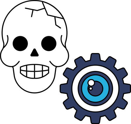A skull is drawn with a gear in the background. The skull is drawn in black and white and has a menacing look. The gear is drawn in a more mechanical style, with a circular shape and a series of teethのイラスト素材