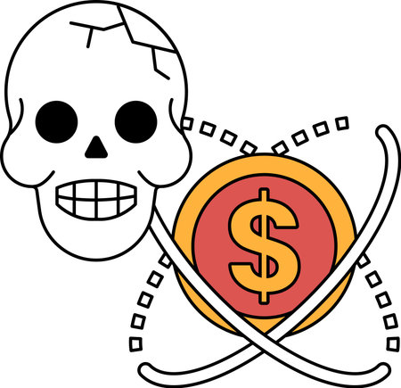 A skull and a dollar sign are crossed over each other. The skull is broken and the dollar sign is upside down. Concept of danger and financial instabilityのイラスト素材