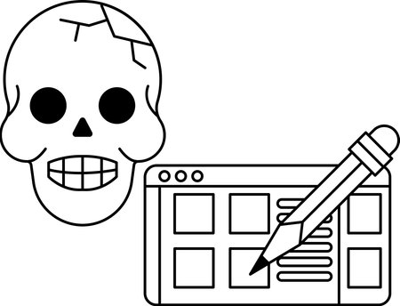 A skull is drawn next to a computer screen with a pencil on it. The skull is drawn in a way that it looks like it is about to bite the pencilのイラスト素材