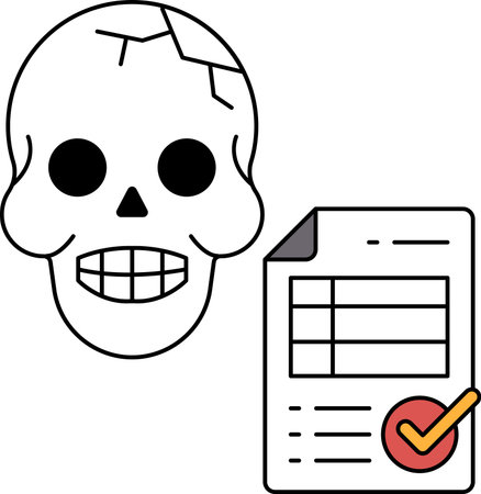 A skull is smiling and has its teeth showing. A piece of paper with a check mark is next to the skullのイラスト素材