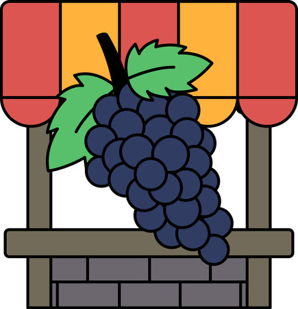 A close up of a bunch of grapes with a stem. The grapes are all different sizes and are clustered together. The image has a peaceful and calming mood, as the grapes are arranged in a naturalのイラスト素材