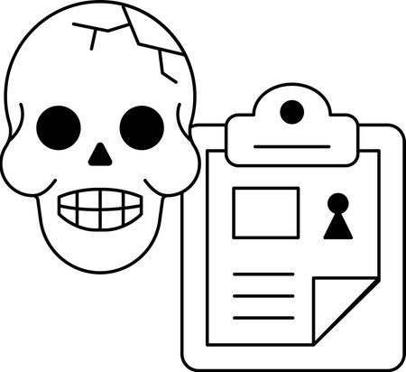A skull is on a clipboard with a paper on it. The skull is smiling and the clipboard is openのイラスト素材