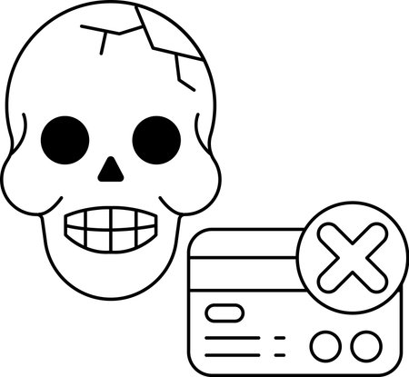 A skull is drawn with a smile on its face and a credit card is drawn next to it. The skull is holding a red X on the credit card, indicating that it has been rejectedのイラスト素材