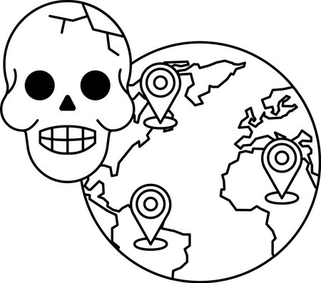 A skull is on a globe with four dots on it. The skull is smiling and the globe is black and whiteのイラスト素材