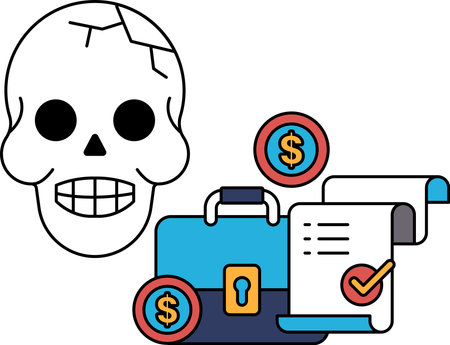 A skull is on a piece of paper with a dollar sign and a suitcase. The skull is surrounded by coins and a key. Concept of danger and mysteryのイラスト素材