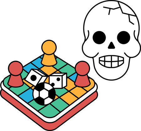 A skull is on a chess board with a soccer ball and two dice. The skull is smiling and the chess pieces are looking at itのイラスト素材