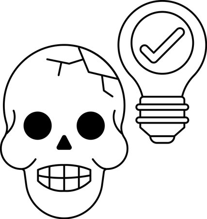 Skull with a light bulb above it. The skull is smiling and the light bulb is glowing. Concept of creativity and innovationのイラスト素材
