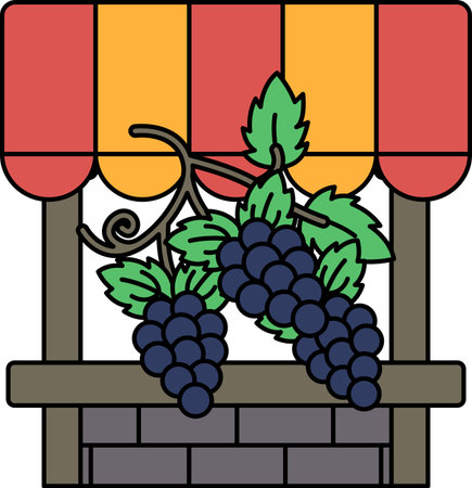A window with a grape vine on it. The vine is hanging over the window and has grapes on itのイラスト素材