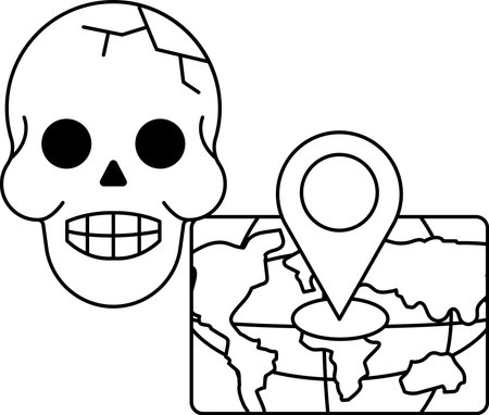 A skull is drawn on a map of the world. The skull is positioned in the middle of the map, and the map is drawn in black and white. The skull and map together create a sense of mystery and dangerのイラスト素材