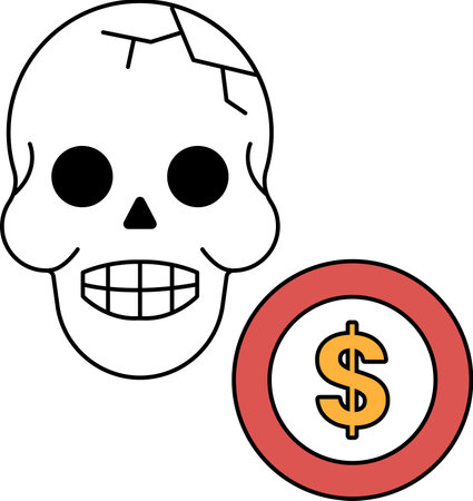 A skull with a dollar sign next to it. The skull is smiling and the dollar sign is blackのイラスト素材