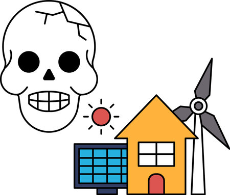 A skull is smiling and has its mouth open, with the sun shining on it. A house and a windmill are in the backgroundのイラスト素材