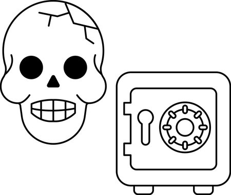 A skull is drawn next to a safe. The skull has a smile on its face, which is unusual for a skull. The safe is open, revealing a skeleton inside. The image has a creepy and unsettling moodのイラスト素材