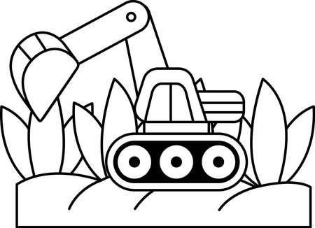 A black and white drawing of a large construction vehicle digging into the ground. Concept of hard work and determination, as the machine is focused on its task of diggingのイラスト素材