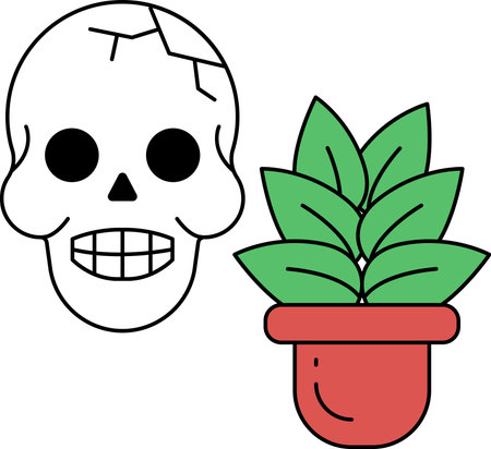A skull and a plant are drawn in black and white. The skull has a smile on its face, and the plant is in a pot. Concept of contrast between the two objects, with the skull representing deathのイラスト素材