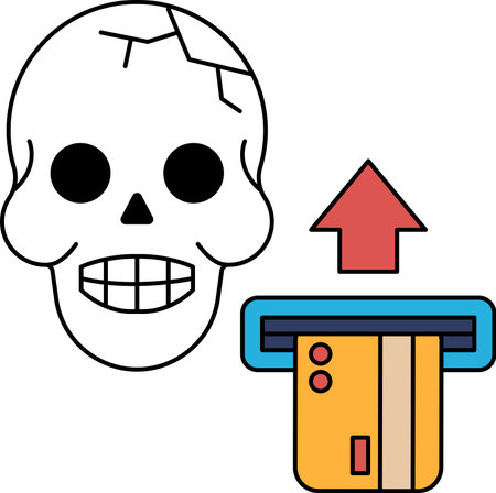A skull is on a black background with a credit card and a sign that says "up". The skull is smiling and the credit card is pointing upwardsのイラスト素材