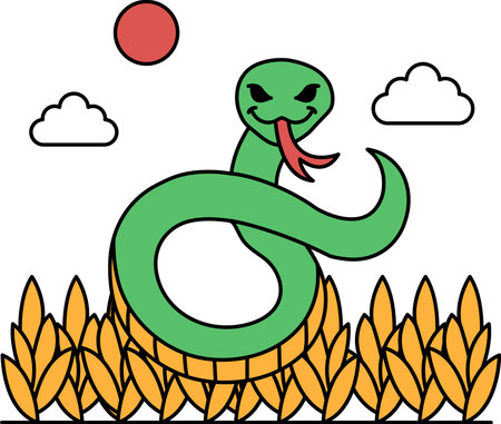 A snake is sitting on the grass with its tongue out. The sky is cloudy and the sun is shiningのイラスト素材